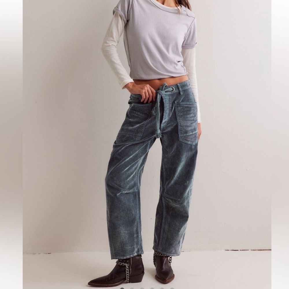 Free People Moxie Flocked Pull-On Barrel Jeans Mountain Green Size 31 - Picture 5 of 14